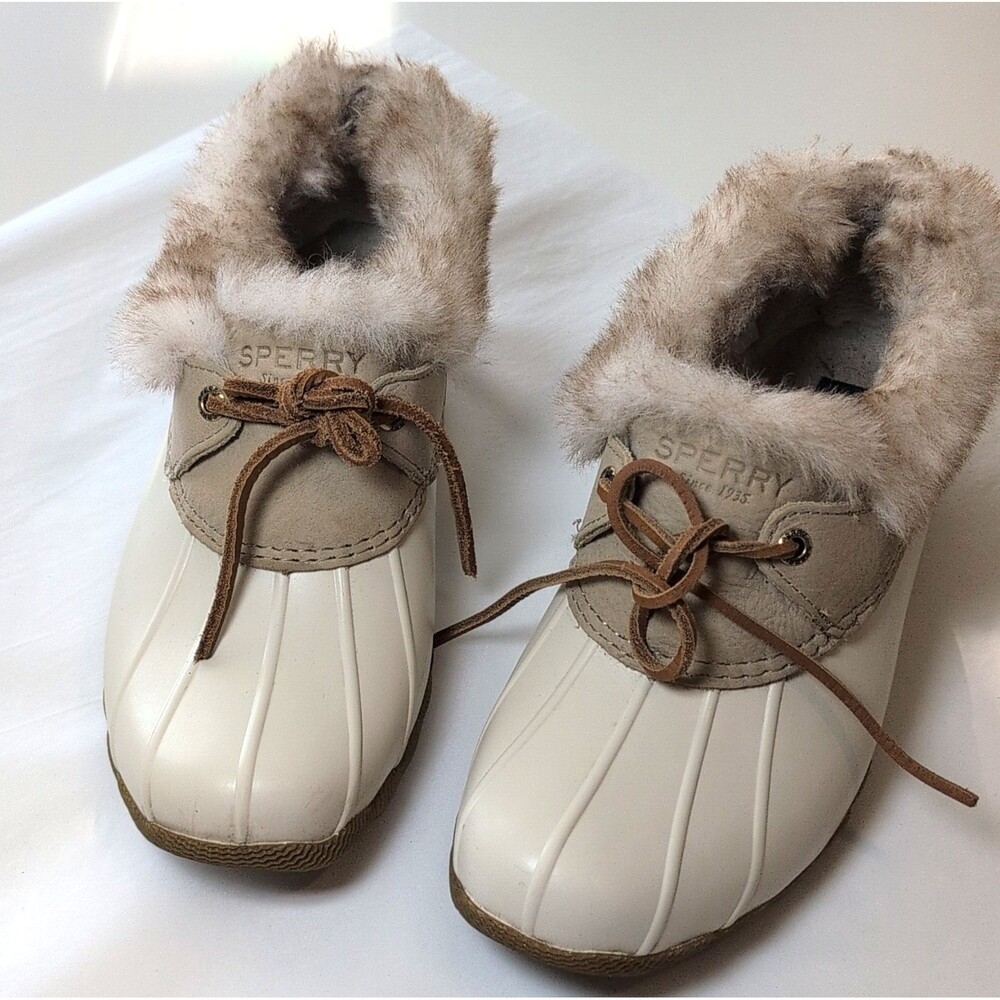 Women's Sperry Top-Sider Beige Brown Synthetic Fur Trim Lace Up Ankle Bootie